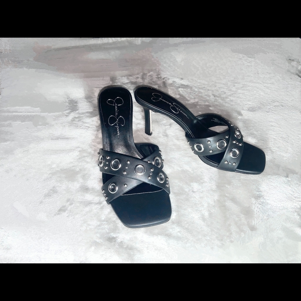 *SOLD* Jessica Simpson Grommet/Studded Black Qemette Heels